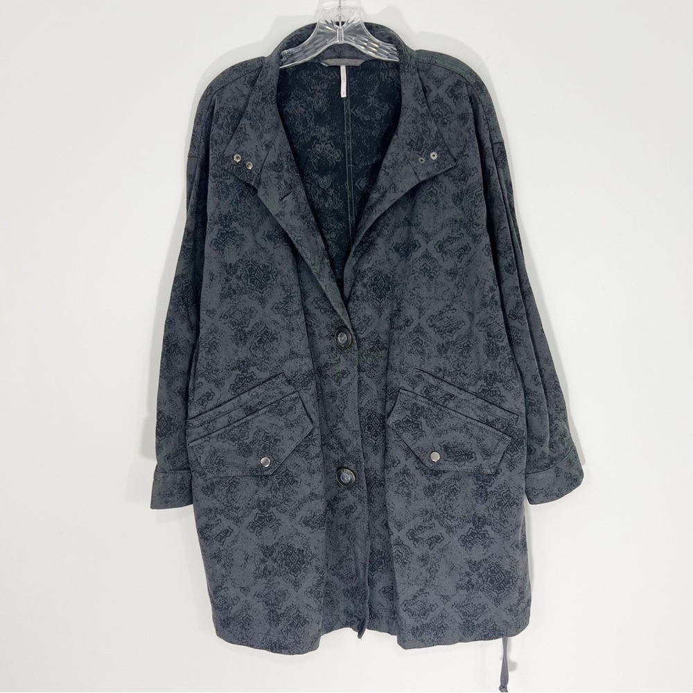 Free People Gray Paisley Oversized Jacquard Denim Jacket Size Small Utility